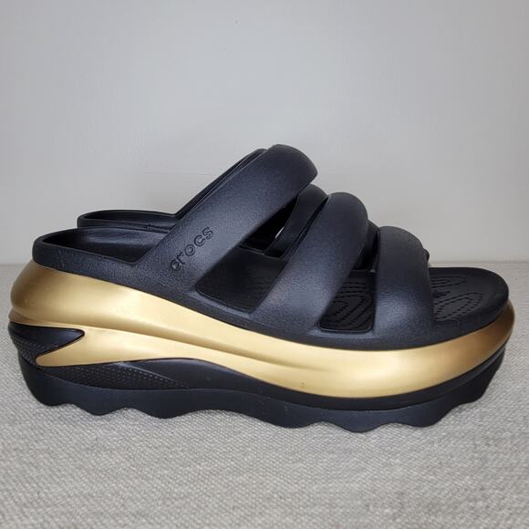 CROCS Mega Crush Metallic Triple Strap Platform Wedge Sandal Black/Gold sz W10 - Picture 4 of 9
